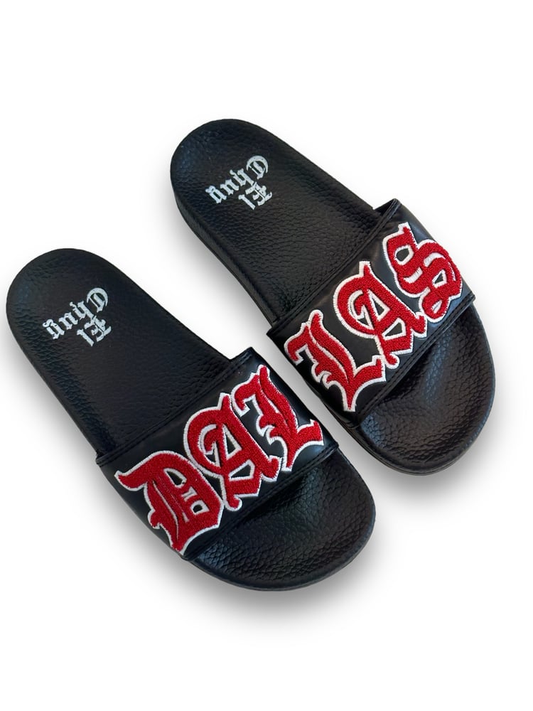 Image of DALLAS BLK/RED VARSITY SLIDES (NOW SHIPPING)