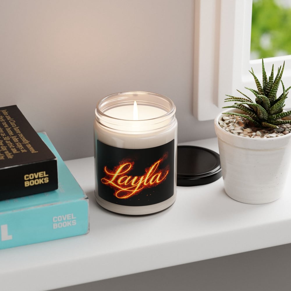 Image of Personalized 'Layla' Scented Soy Candle — 9oz Decorative Jar Candle with Fiery Script Label