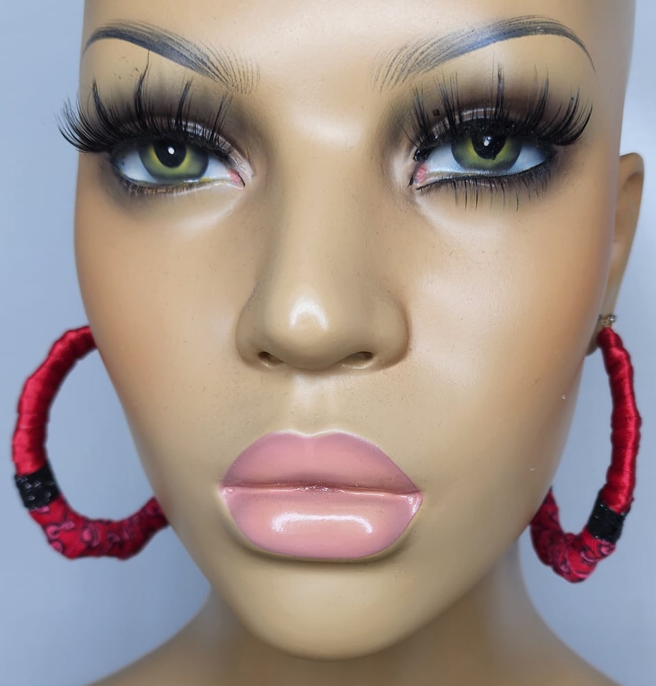 Image of Red Bandana Bamboo Hoop Earrings