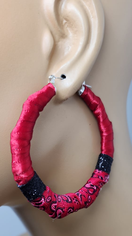 Image of Red Bandana Bamboo Hoop Earrings