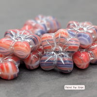 Image 1 of Red Blue Czech Glass Flower Beads 14mm, Striped Silver Lined Floral Beads, Patriotic Boho 
