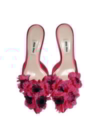 Image 1 of *RARE* MiuMiu Hot Pink Satin Flower Embellished Pointy Toe Mules - EU 36.5