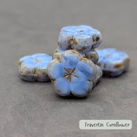 Image 1 of Cornflower Blue Travertine Czech Glass Flower Beads 14mm, Table Cut Floral Focal Beads 