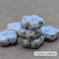 Image 2 of Cornflower Blue Travertine Czech Glass Flower Beads 14mm, Table Cut Floral Focal Beads 