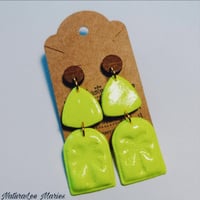 Image 2 of Tropical Neon Yellow Wooden Triangular Palm Tree Drop Earrings