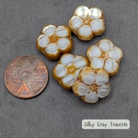 Image 3 of Silky Gray Travertine Czech Glass Flower Beads 16mm, Table Cut Floral Focal Beads, Neutral Boho 
