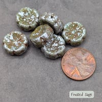 Image 2 of Frosted Sage Czech Glass Flower Beads 14mm, Hibiscus Table Cut Beads, Green Boho Floral Focal Beads 