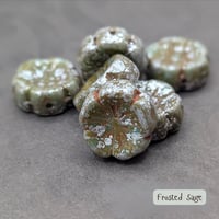 Image 3 of Frosted Sage Czech Glass Flower Beads 14mm, Hibiscus Table Cut Beads, Green Boho Floral Focal Beads 