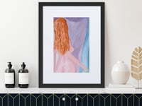 Image 3 of Watercolor Nude framed Print - Tasteful Redhead Woman with Silk Curtains, Elegant Female Figure Wall