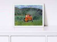 Image 1 of Red Tractor Print Bold Brushstroke- Aerial Farm View Between Green Fields Abstract Wall Art