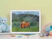 Image 5 of Red Tractor Print Bold Brushstroke- Aerial Farm View Between Green Fields Abstract Wall Art