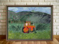 Image 7 of Red Tractor Print Bold Brushstroke- Aerial Farm View Between Green Fields Abstract Wall Art