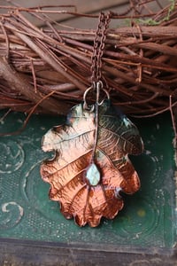 Image 1 of Vera foglia di quercia elettroformata in rame con patina sfumata teal e labradorite