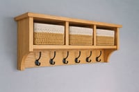 Image 1 of Solid oak coat rack with shelf & woven storage baskets