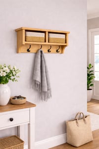 Image 3 of Solid oak coat rack with shelf & woven storage baskets