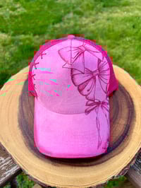 Hand Burned Pink Suede Bows Trucker Hat