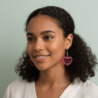Image 1 of Dark Pink Acrylic Heart-Shaped Dangle Earrings