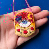 Moon and Star Hand Embroidered Amulet Necklace