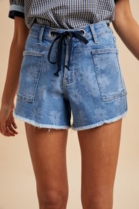 Image 1 of DAISY PRINT STRETCH DENIM BELTED SHORTS - LATE FEB