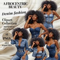 Image 1 of Afrocentric Denim Fashion Woman Clipart Set for Sublimation and Crafts (DIGITAL DOWNLOAD)