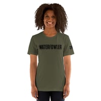 Image 4 of OWG - WATERFOWLER BLACK - With left sleeve brand - Military Green Bella Canvas 3001 Unisex T-shirt