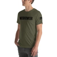 Image 5 of OWG - WATERFOWLER BLACK - With left sleeve brand - Military Green Bella Canvas 3001 Unisex T-shirt