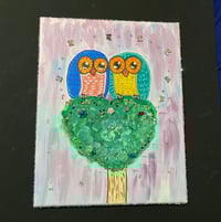 Image 1 of Two Owls sitting on heart topiary mixed media painting