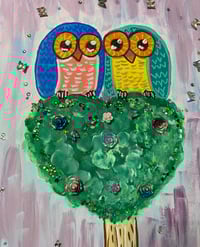 Image 2 of Two Owls sitting on heart topiary mixed media painting
