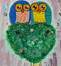 Image 3 of Two Owls sitting on heart topiary mixed media painting