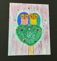 Image 4 of Two Owls sitting on heart topiary mixed media painting
