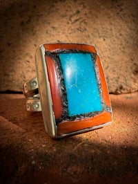 Image 1 of WL&A Old Style Sterling Ingot Turquoise Mtn, Italian Red Coral & Navajo Red Dirt Inlay Ring - Size 8