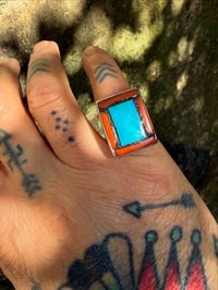 Image 5 of WL&A Old Style Sterling Ingot Turquoise Mtn, Italian Red Coral & Navajo Red Dirt Inlay Ring - Size 8