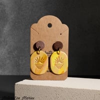 Image 1 of Handmade Polymer Clay Yellow Sunrise and Oval Ocean Scenic Wooden Earrings