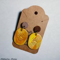 Image 2 of Handmade Polymer Clay Yellow Sunrise and Oval Ocean Scenic Wooden Earrings