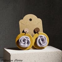 Image 1 of Purple Rose Polymer Clay Large Wooden Drop and Dangle Earrings