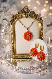 Image 3 of Orange Beaded Floral Jewelry Set – Handmade Necklace & Earrings with Gold Accents