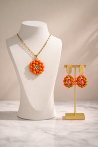 Image 4 of Orange Beaded Floral Jewelry Set – Handmade Necklace & Earrings with Gold Accents