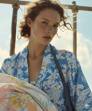 Image of Silke kimono - himmelblå med blåregn og rosa hjerteblomster