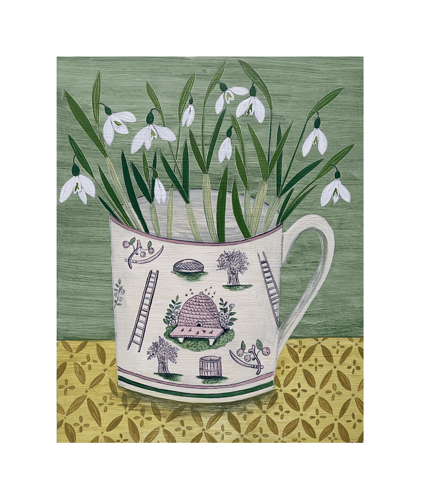 Image of Beehive cup and Snowdrops Giclée print