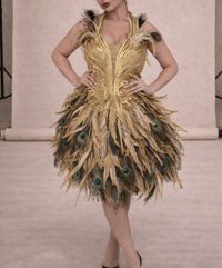 Image 1 of Gold Peacock Feather Dress – Handmade Luxury Adult Dress | The Life of O’Reilly