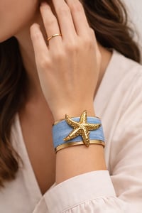 Image 4 of Denim & Gold Starfish Cuff Bracelet – Coastal Chic Ocean Jewelry, Boho Resort Style
