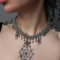 Image 3 of Stainless steel zigzag necklace with garnet and xtal quartz