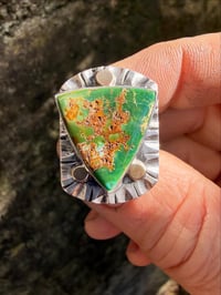 Image 2 of WL&A Handmade Sterling & 18k Gold - Natural Gem Grade Stone Mtn Turquoise Signet Ring - Size 11