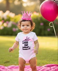 Image 1 of Zebra Pink Princess First Birthday Baby Bodysuit Girl’s Party Top