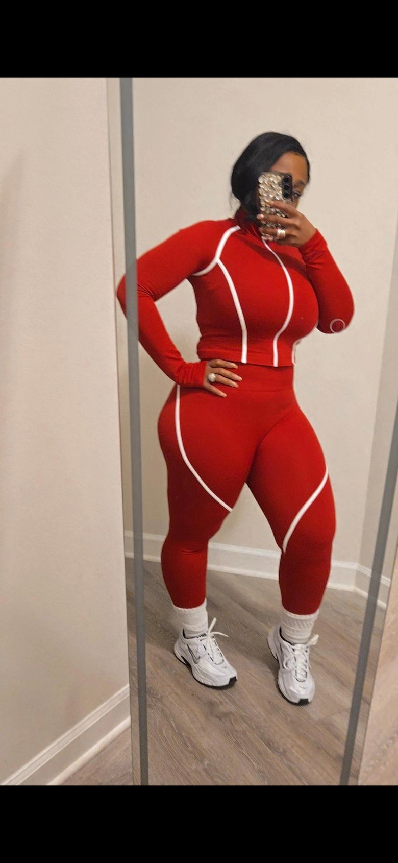 Image of Red zip up jacket and leggings set