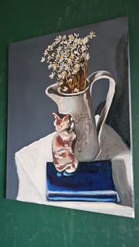 Image 4 of Alla prima still life no 2 China cat & chamomile.