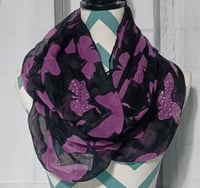 Image 1 of Purple &amp; Black Butterfly Theme Infinity Scarf