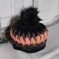 Image 1 of Child's Black &amp; Peach Pom-Pom Hat