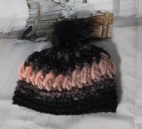 Image 2 of Child's Black &amp; Peach Pom-Pom Hat
