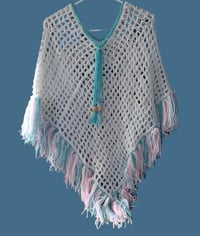 Image 1 of Handmade White openwork Poncho w/Fringe